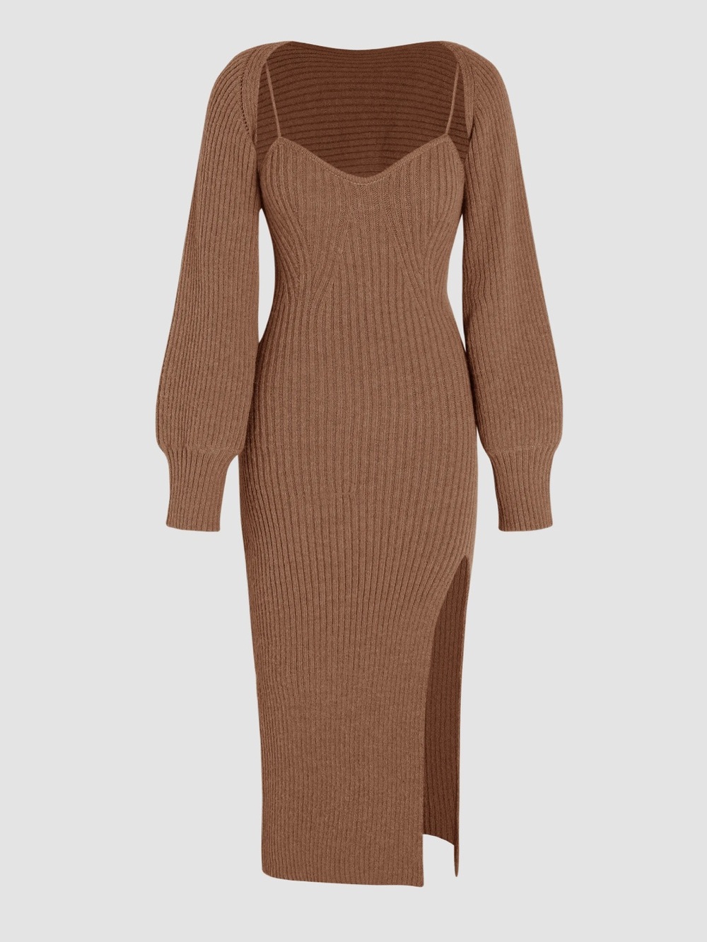 NWT CIDER KNIT SOLID CAMI SPLIT MIDI DRESS & SHRUG in CAMEL BROWN